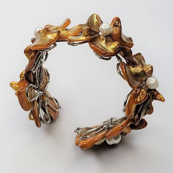 Orange Adjustable Cuff Bracelet with with Dyed Shell Petals & Pearls Bangle - Picture 4 of 15